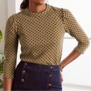 Boden Aria Jersey Jacquard Camel and Navy Polka Dot Top